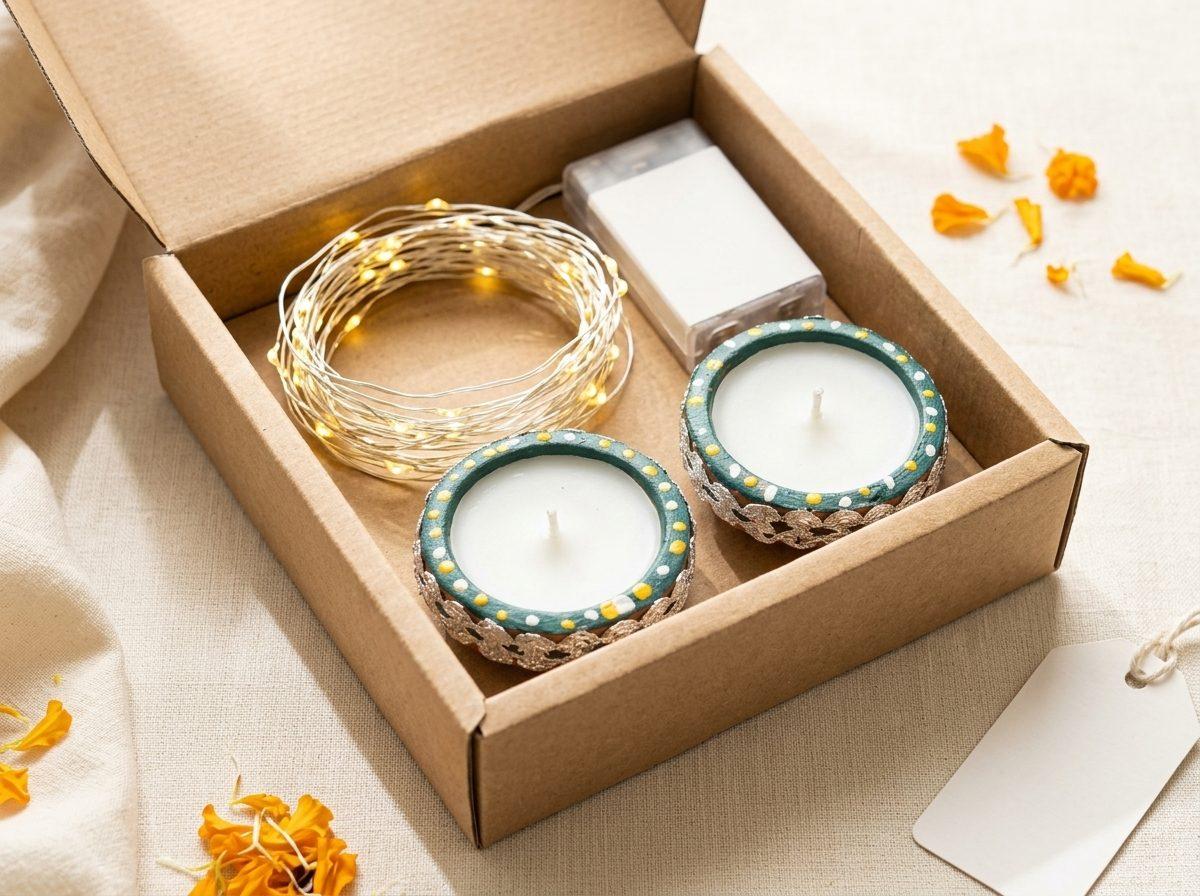 Tara Lights — 5 m LED rice-light string, 2 painted diyas