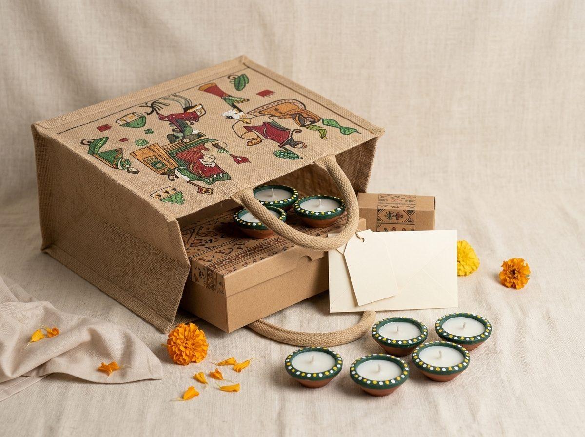 Utsav Jute Hamper — Painted diya set, chocolate or dry-fruit box