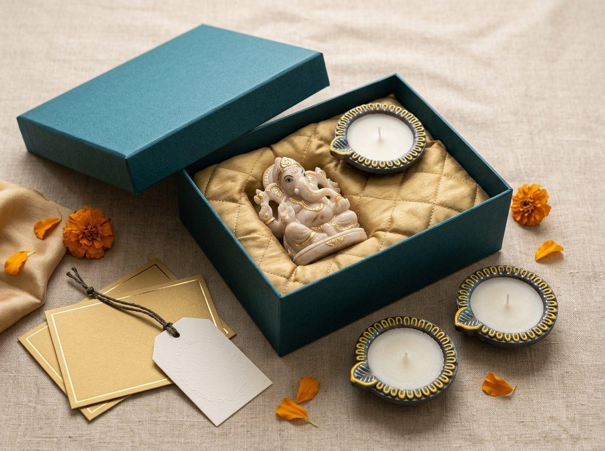 Shubh Ganesh — 3 in marble Ganesha, 2 painted diyas