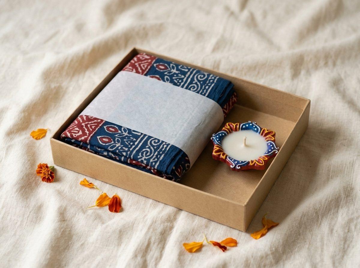 Handloom Stole Set — Handloom cotton stole, 1 painted diya