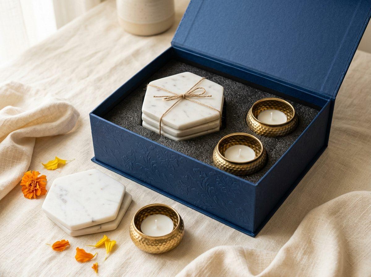 Coaster Quartet — 4 marble coasters, 2 brass tealights