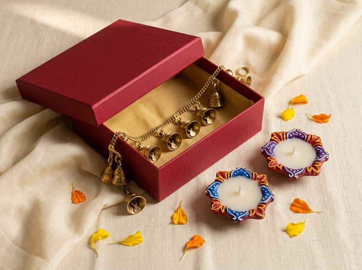 Toran Ghanti — Brass door toran with bells, 2 diyas