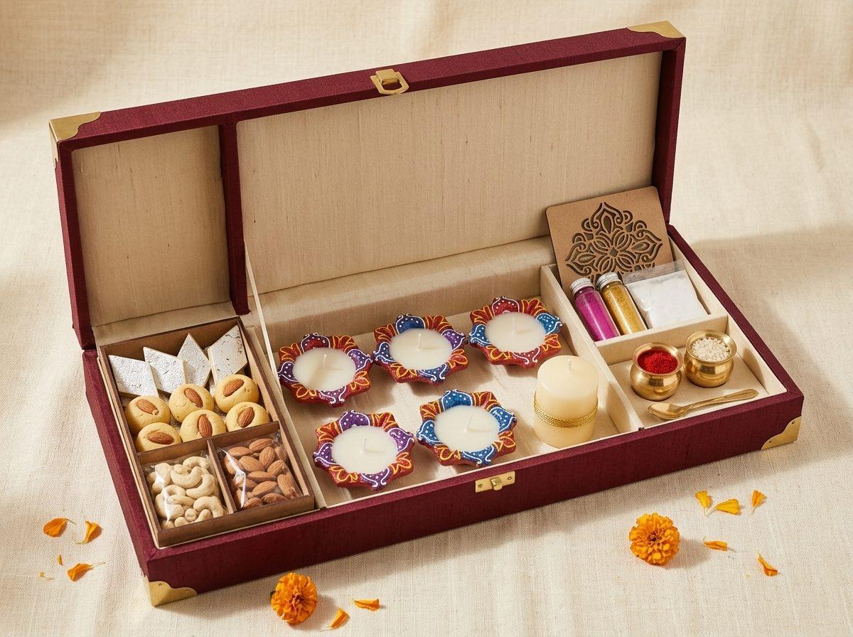 Mahotsav Box — 6 diyas, rangoli set, 300 g mithai or meva, 1 candle, roli-chawal
