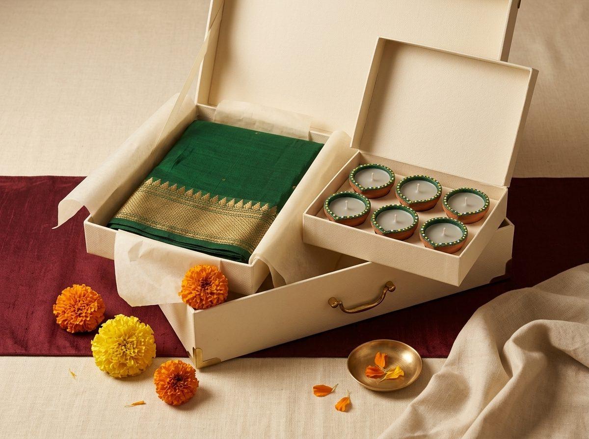 Handloom Vastra — Handloom silk-cotton saree, diya box
