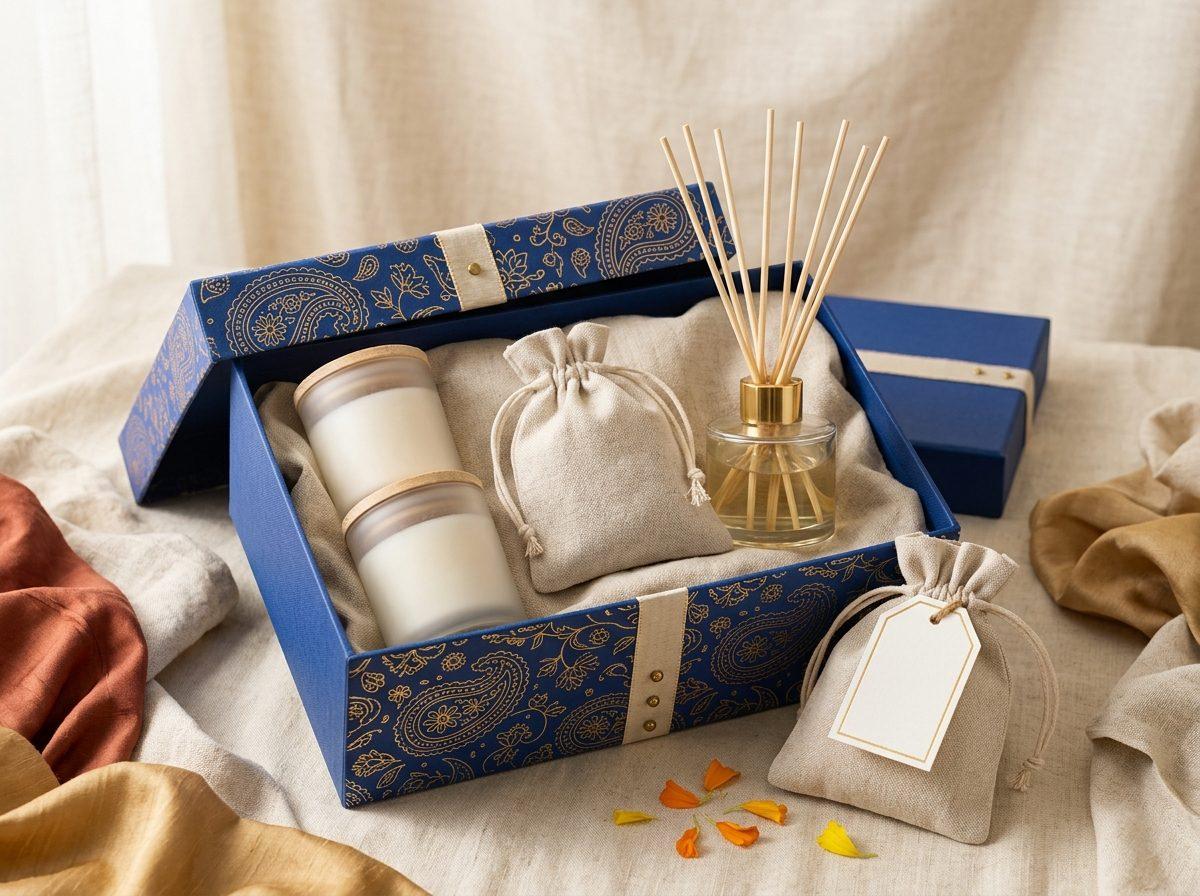 Aroma Executive Hamper — two soy candles in frosted glass jars, a reed diffuser in a plain glass bottle, and a linen drawstring pouch