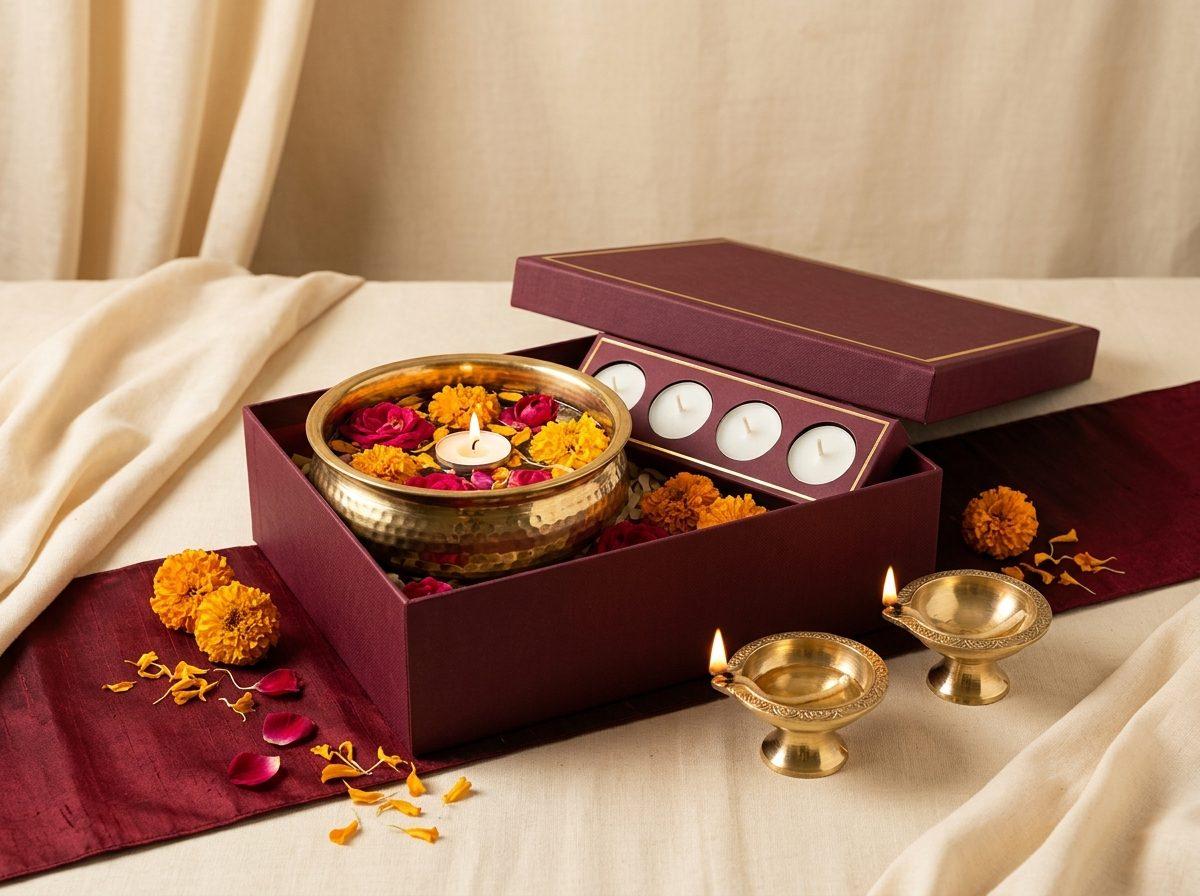 Urli Centrepiece Hamper — a polished brass urli bowl, a set of four floating candles, and two brass diyas