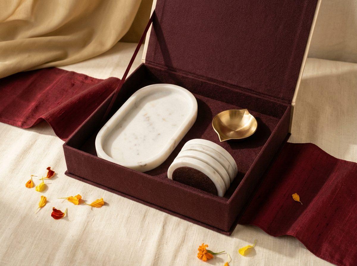 Marble Keepsake Hamper — a white marble trinket tray, a set of four marble coasters, and one small polished brass accent piece