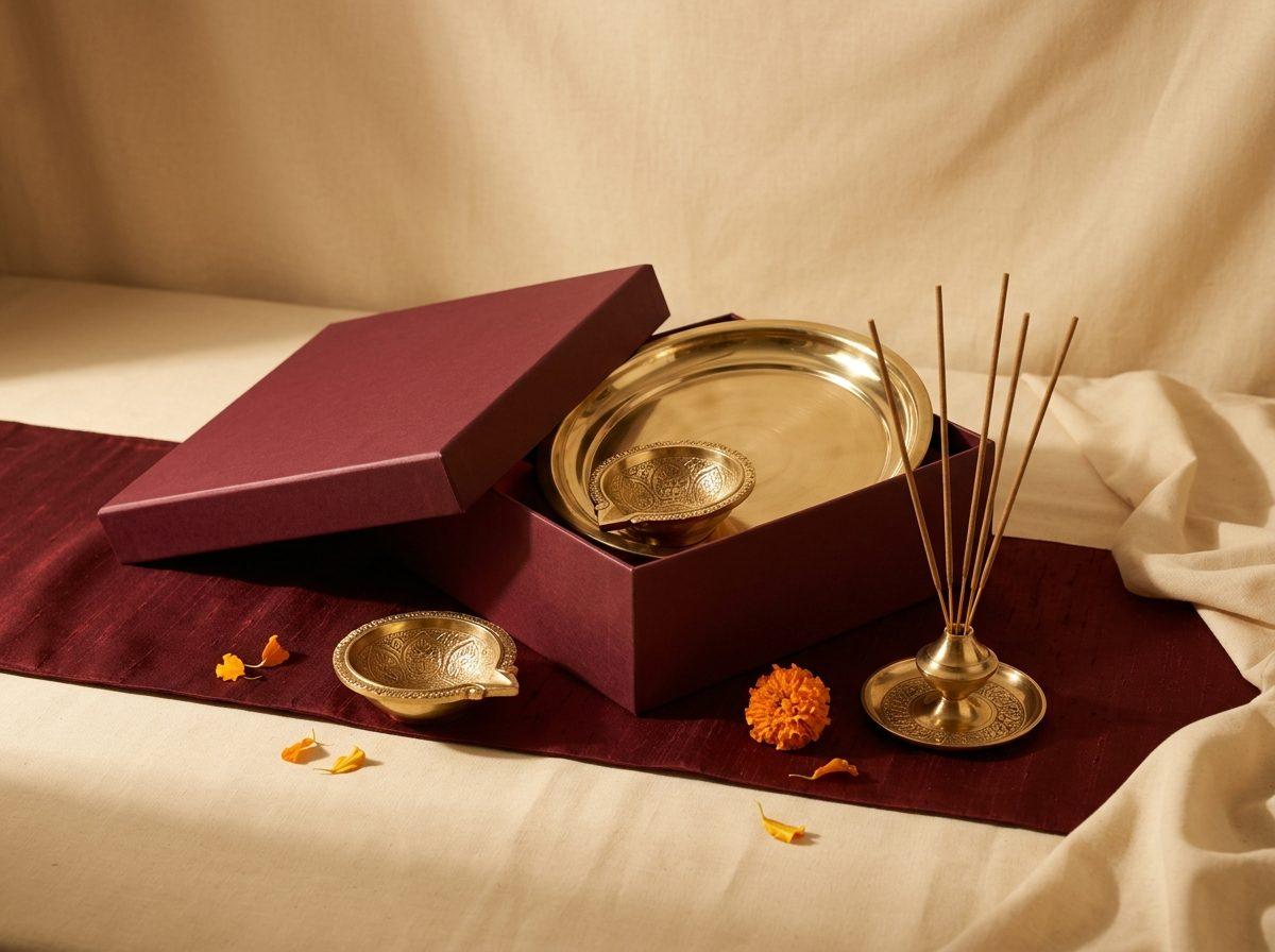 Pooja Thali Executive Hamper — a polished brass pooja thali, one brass diya, and a brass incense holder with plain agarbatti sticks