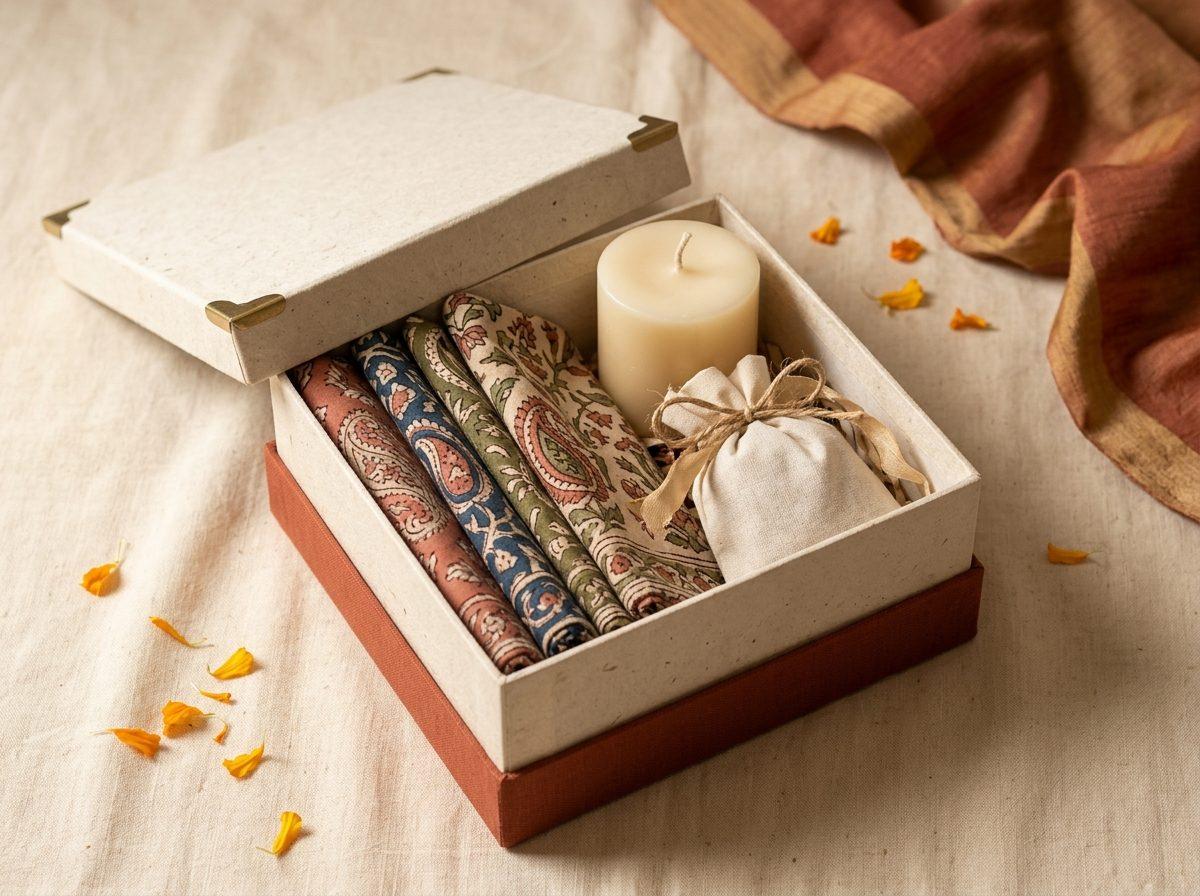 Candle & Linen Hamper — one ivory pillar candle, a set of four hand-block printed cotton napkins in muted tones, and a potpourri sachet