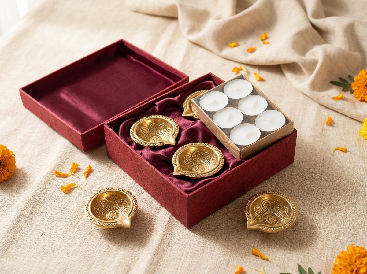 Brass Diya Set Hamper — a set of four polished brass diyas and a pack of plain white tealights