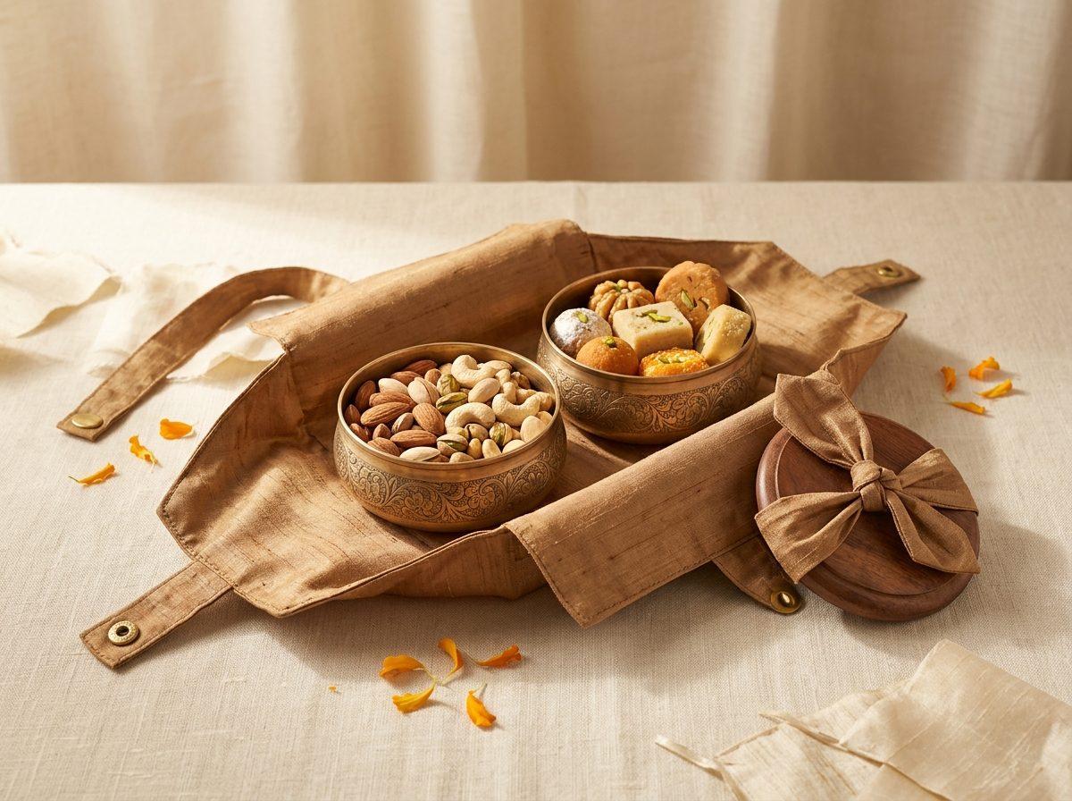 Kansa Katori Box — 2 kansa bowls hold nuts and mithai, lid-tied