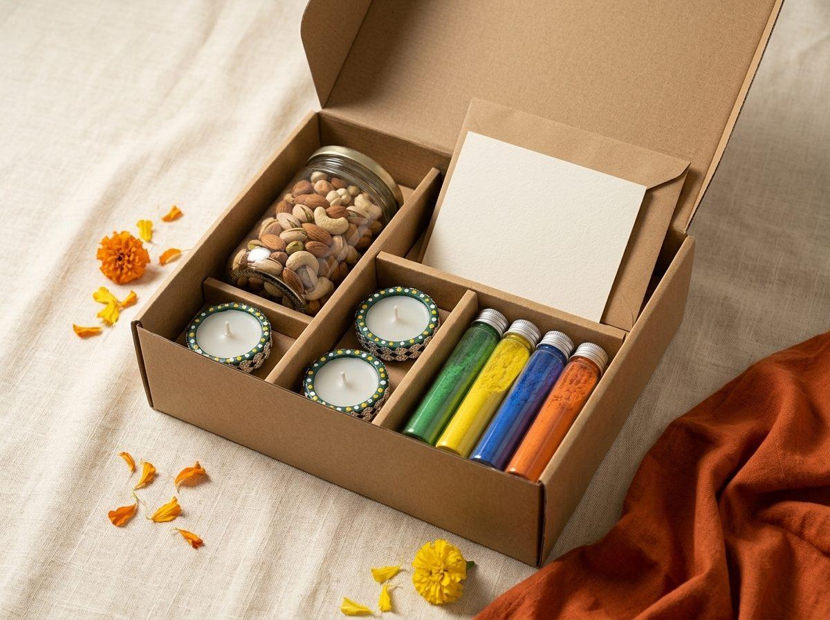 Parivar Pack — 500 g mithai or nuts, 4 diyas, rangoli set, card