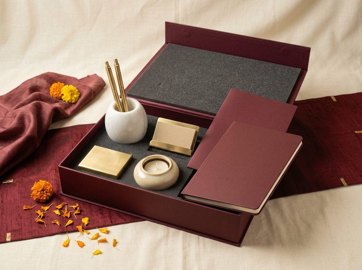 Adhikari Desk — Marble pen stand, brass card holder, ceramic tealight, notebook