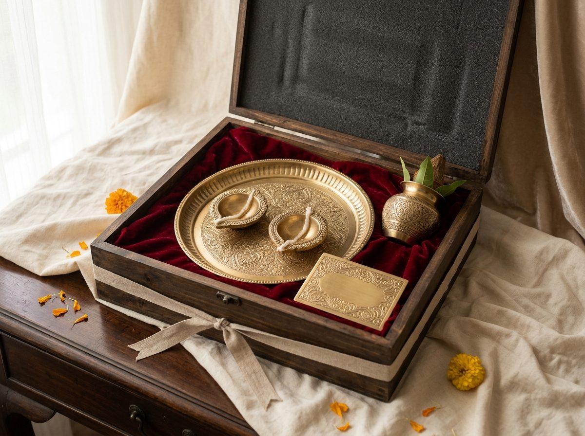 Sanstha Trust — Brass lamp pair, thali, kalash, dedication plate