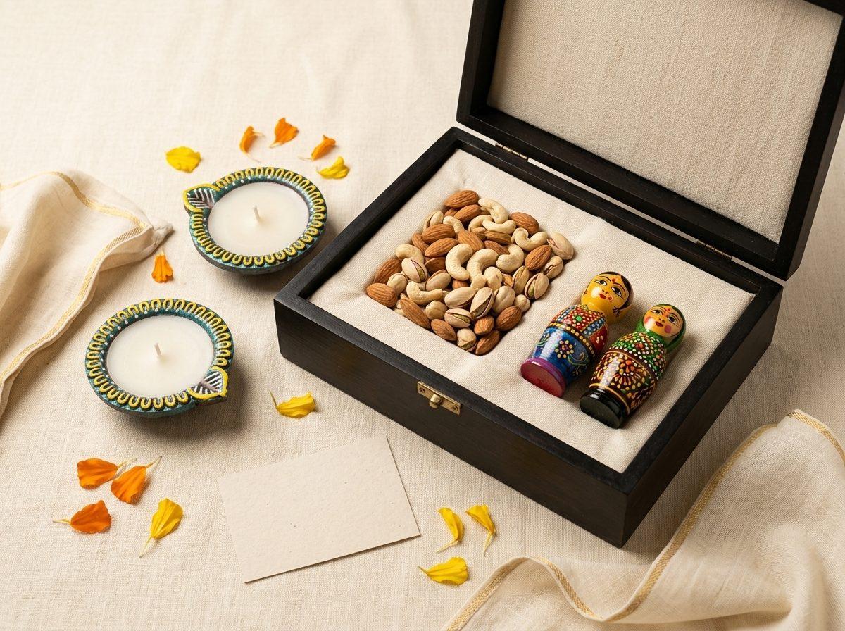Channapatna Edition — Lacquer-wood toy pair, 2 diyas, 150 g nuts
