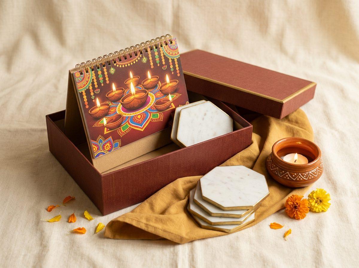 Nav Varsh — Desk calendar, marble coasters, ceramic tealight