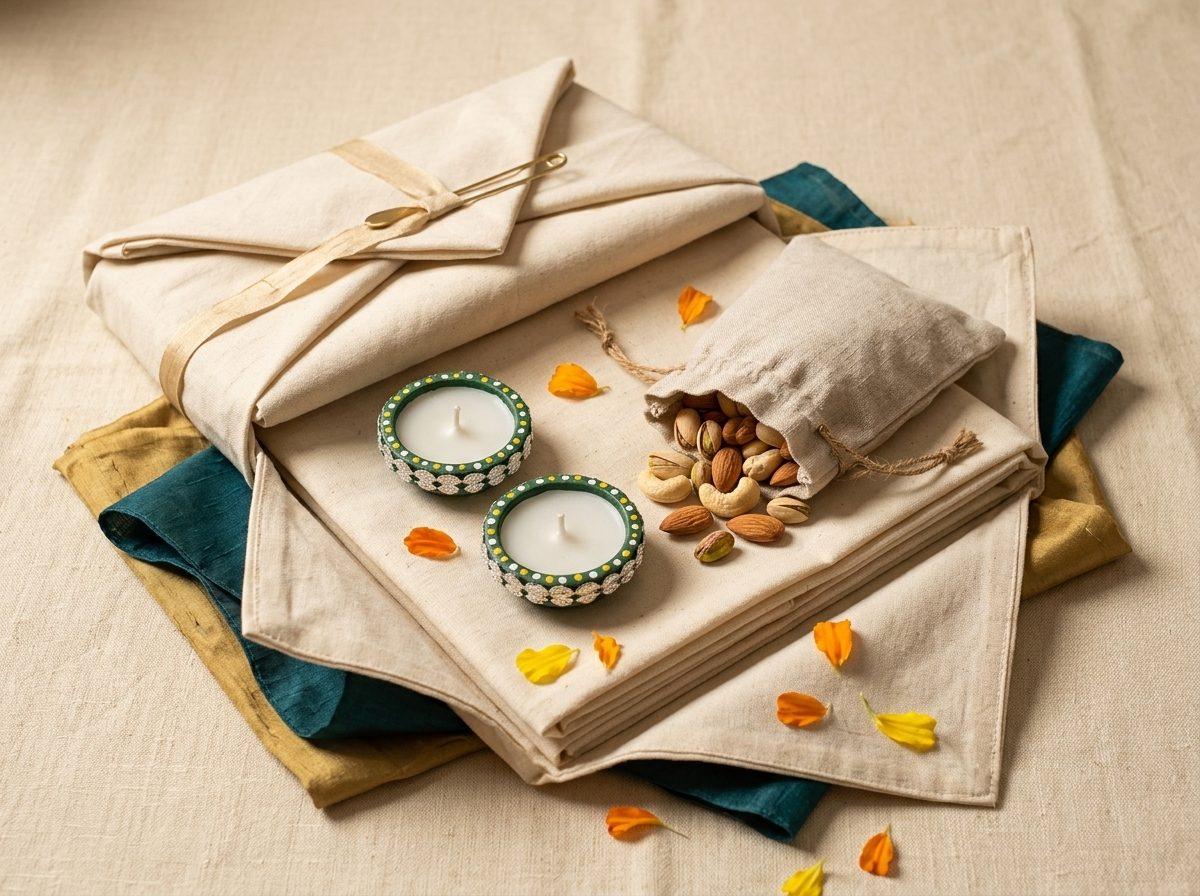 Khadi Ghar — Khadi cotton runner, 2 diyas, 200 g nuts