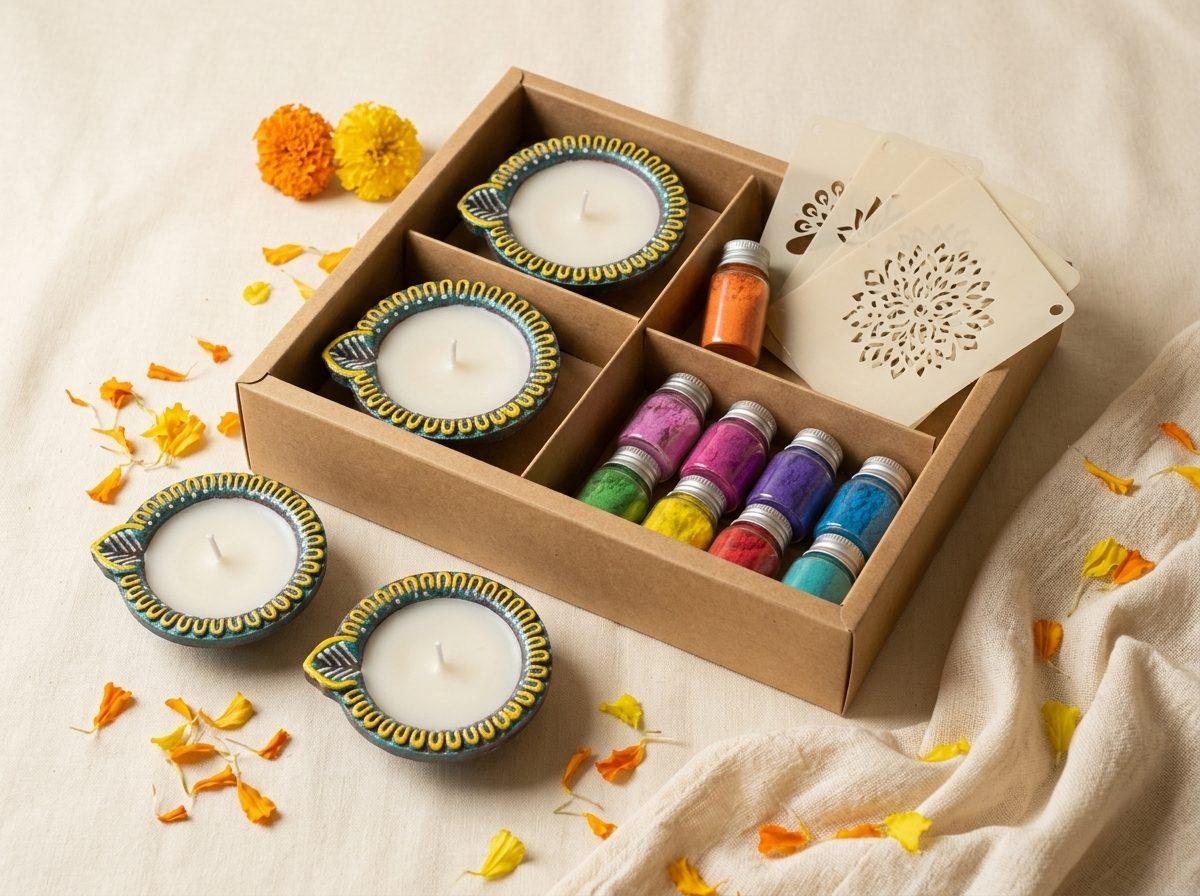 Rangoli Utsav — 8 rangoli colours, 4 stencils, 4 diyas