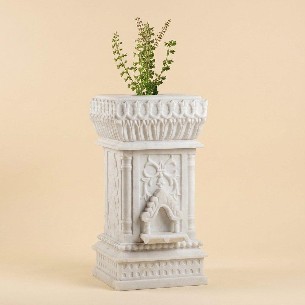 Marble Tulsi Pot, White Marble Carving — Standard