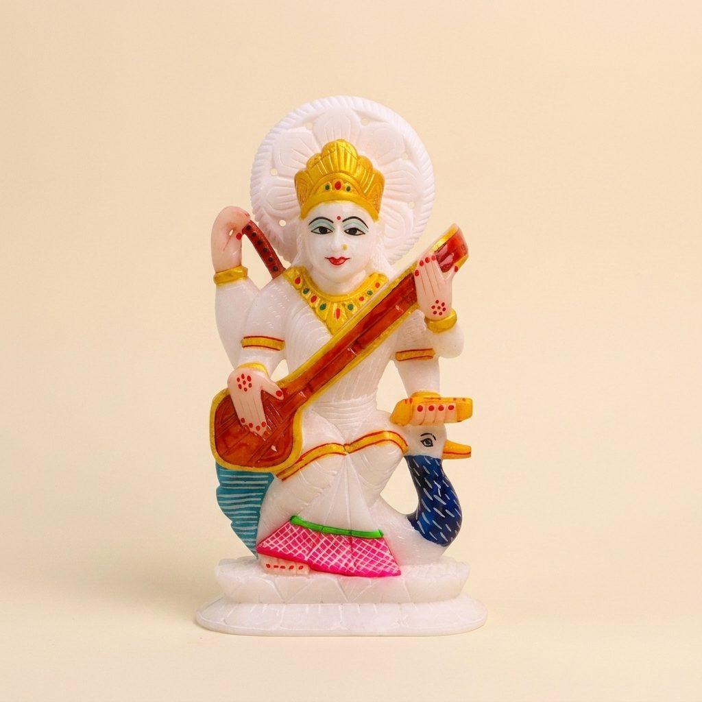 Goddess Saraswati, White Marble Statue — 7 Inches