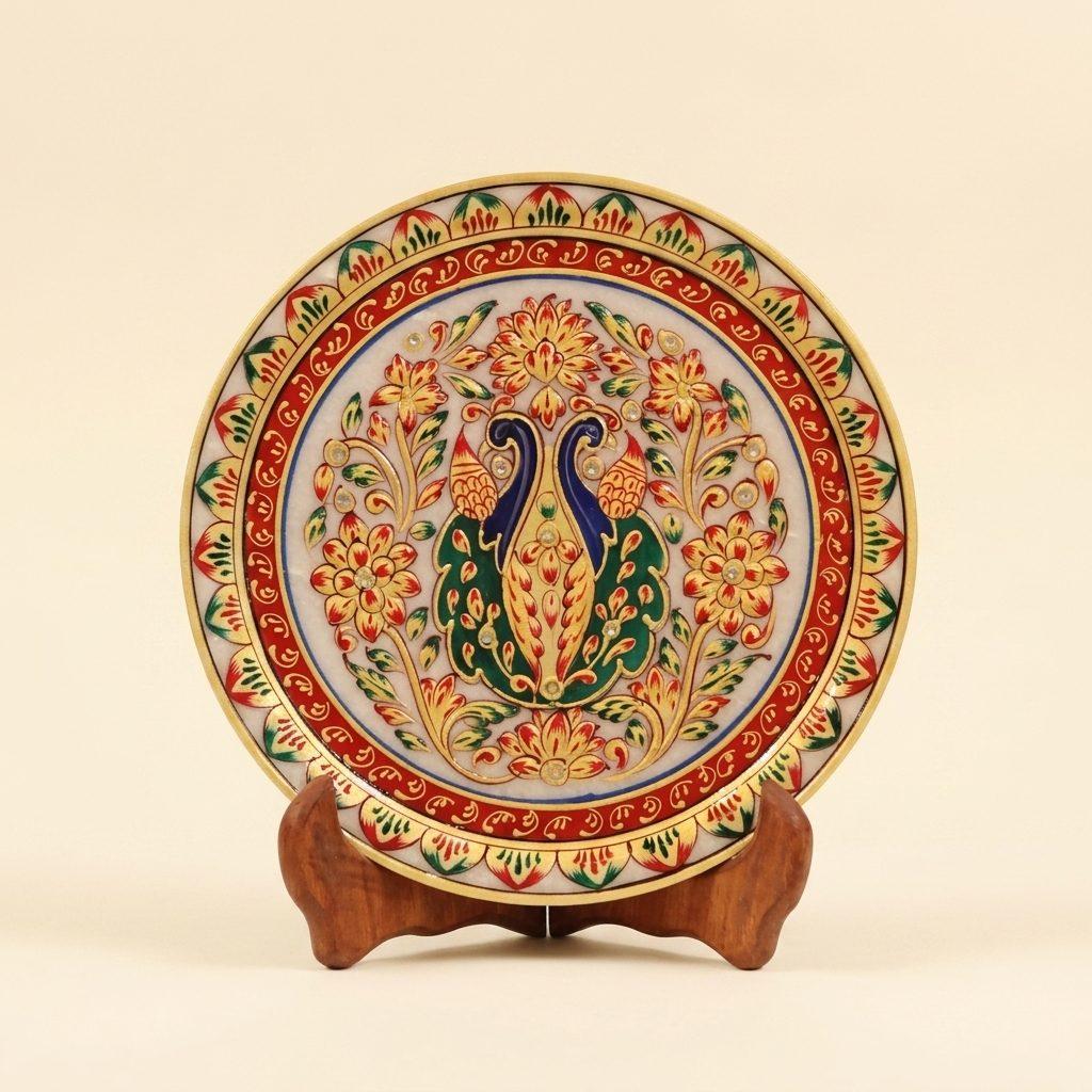 Traditional Peacock, Gold Leaf 9 Inch Marble Decorative Plate