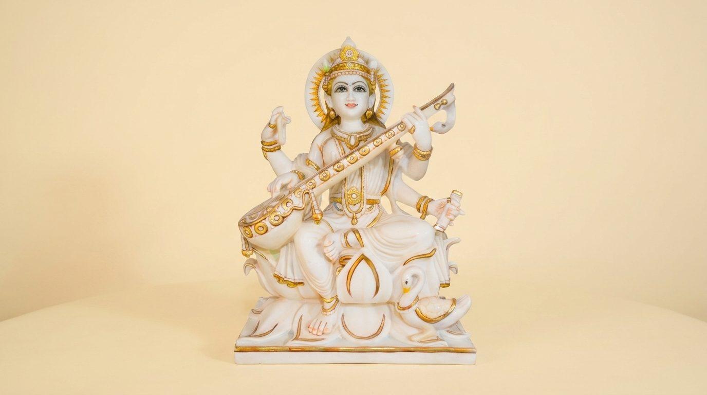 Goddess Maa Saraswati, 24 Inch, White Marble Statue — Cultured Marble