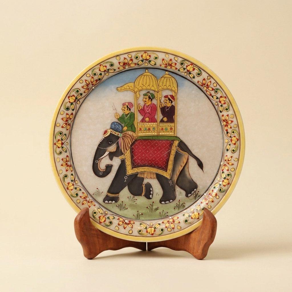 Traditional Elephant, Gold Leaf 9 Inch Marble Decorative Plate