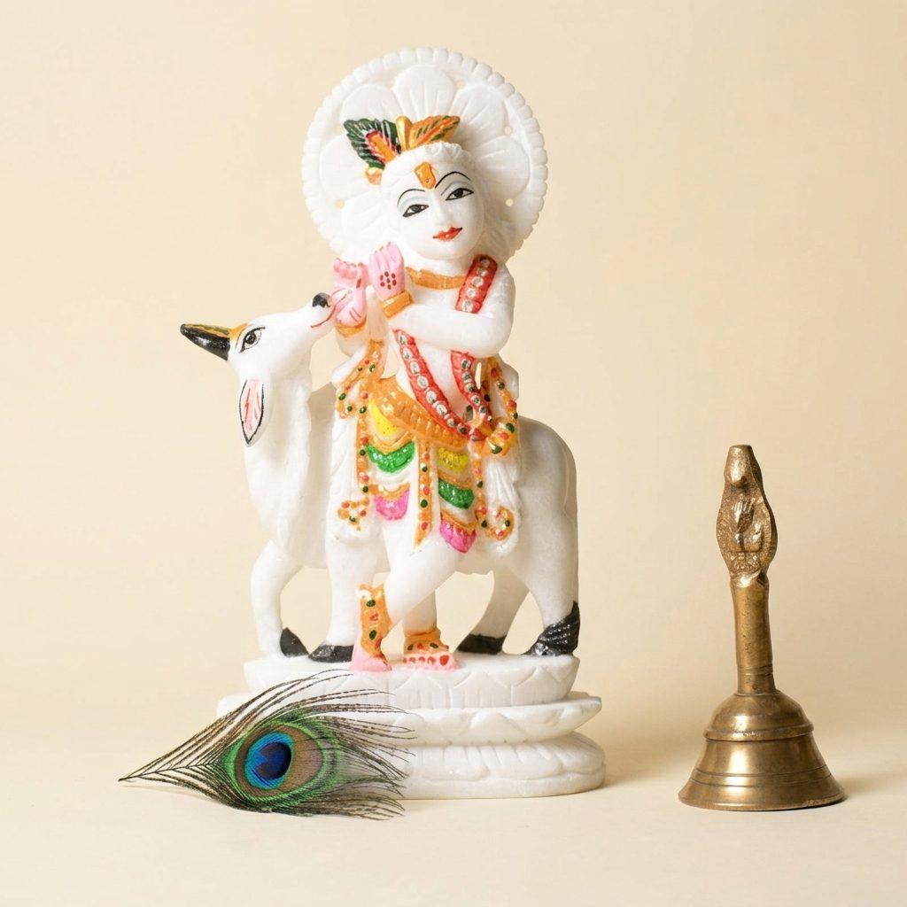Vrindavan Krishna White Marble Statue — 8 Inches
