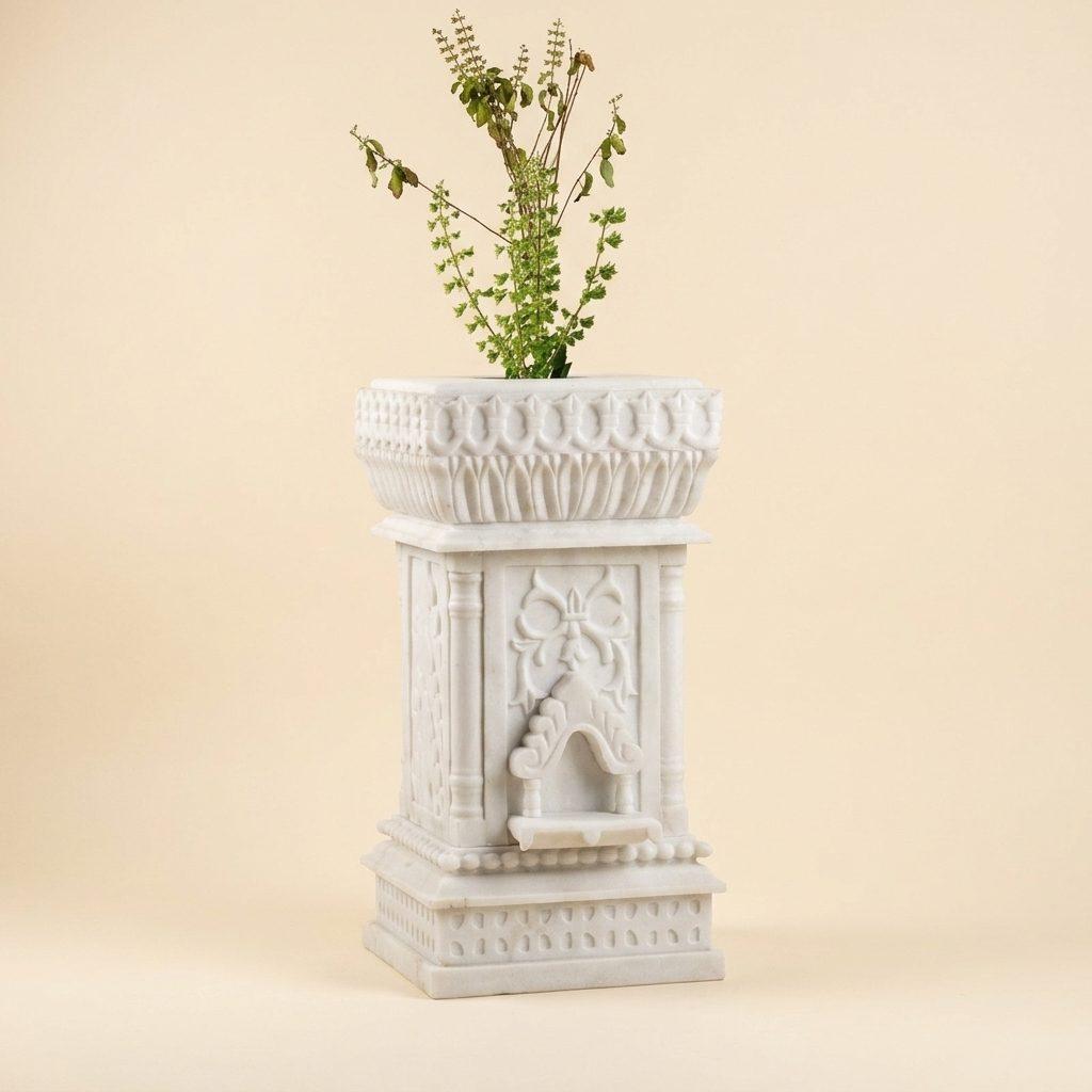 Marble Tulsi Pot, White Marble Carving — Large