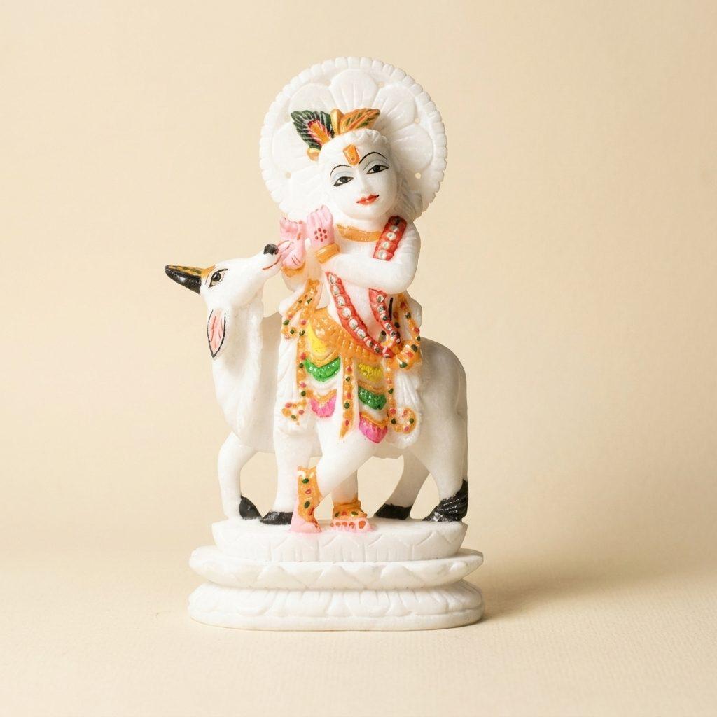 Vrindavan Krishna White Marble Statue — 6 Inches