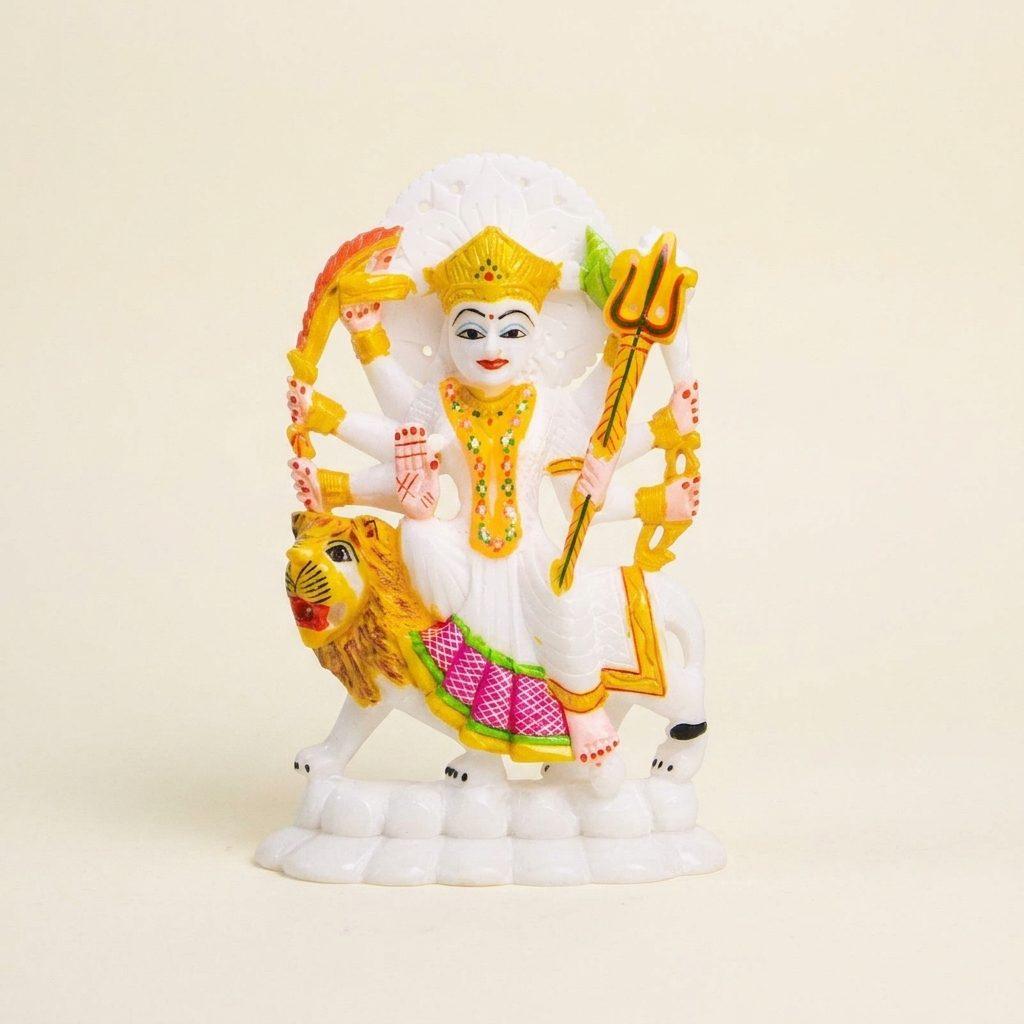 Goddess Maa Durga, White Marble Statue — 4 Inches