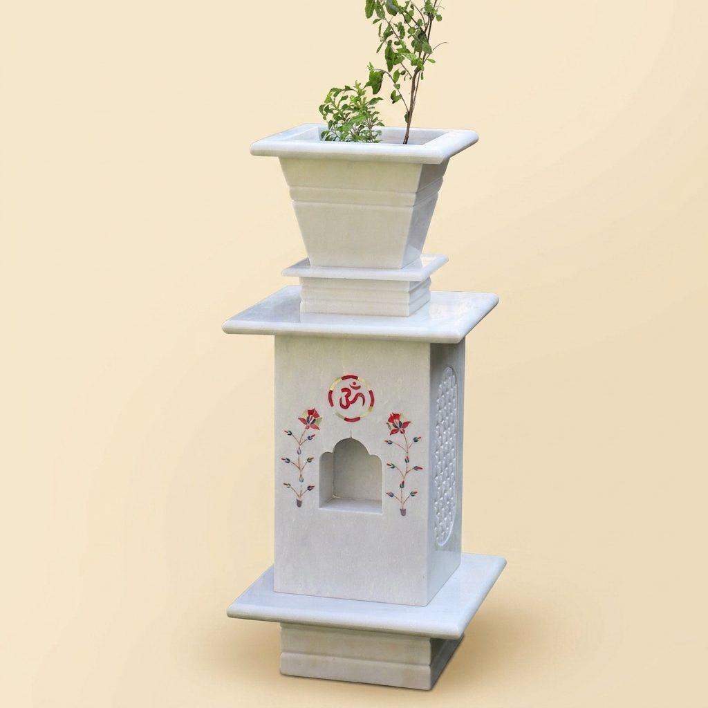 Marble Tulsi Pot, White Marble Inlay