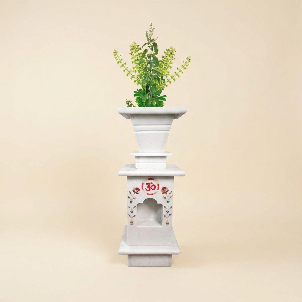 Marble Tulsi Pot, White Marble Inlay — Standard