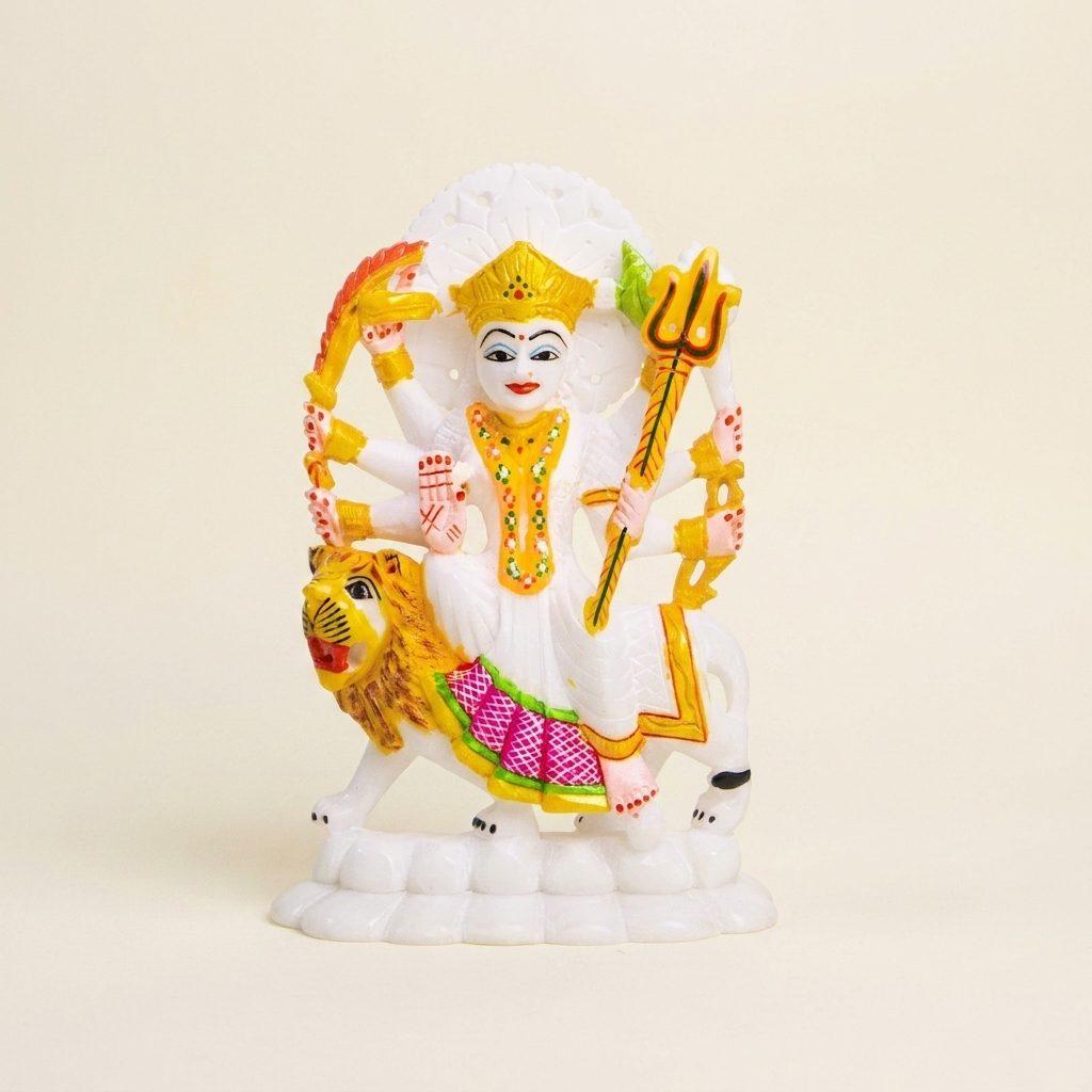 Goddess Maa Durga, White Marble Statue — 6 Inches