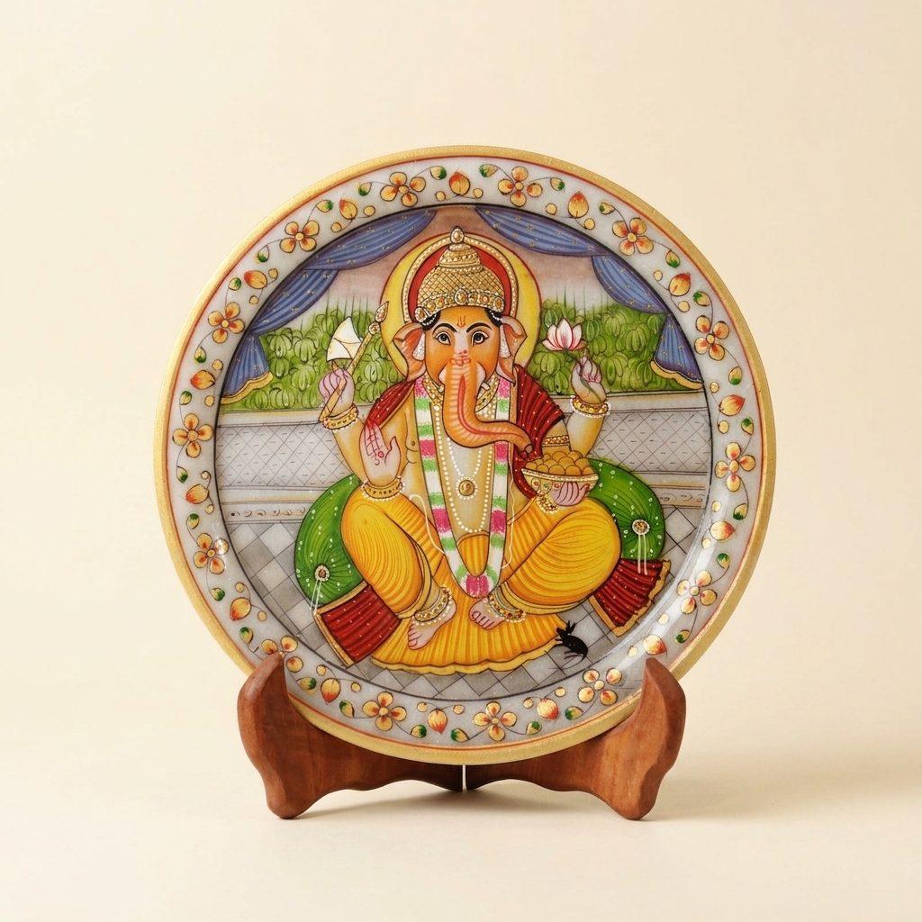 Lord Ganesh marble murti, gold-leaf finish