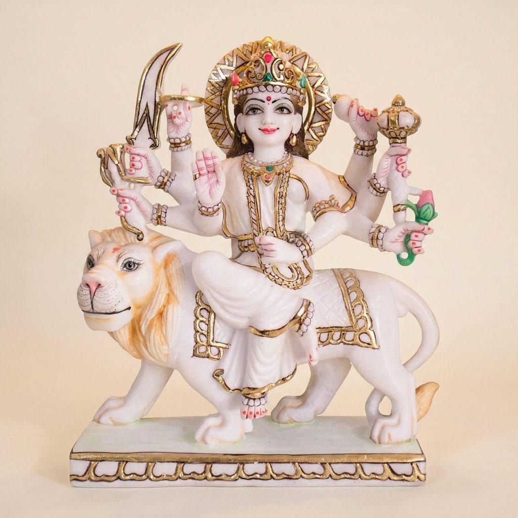 Goddess Maa Durga, 15 Inch, White Marble Statue — Cultured Marble