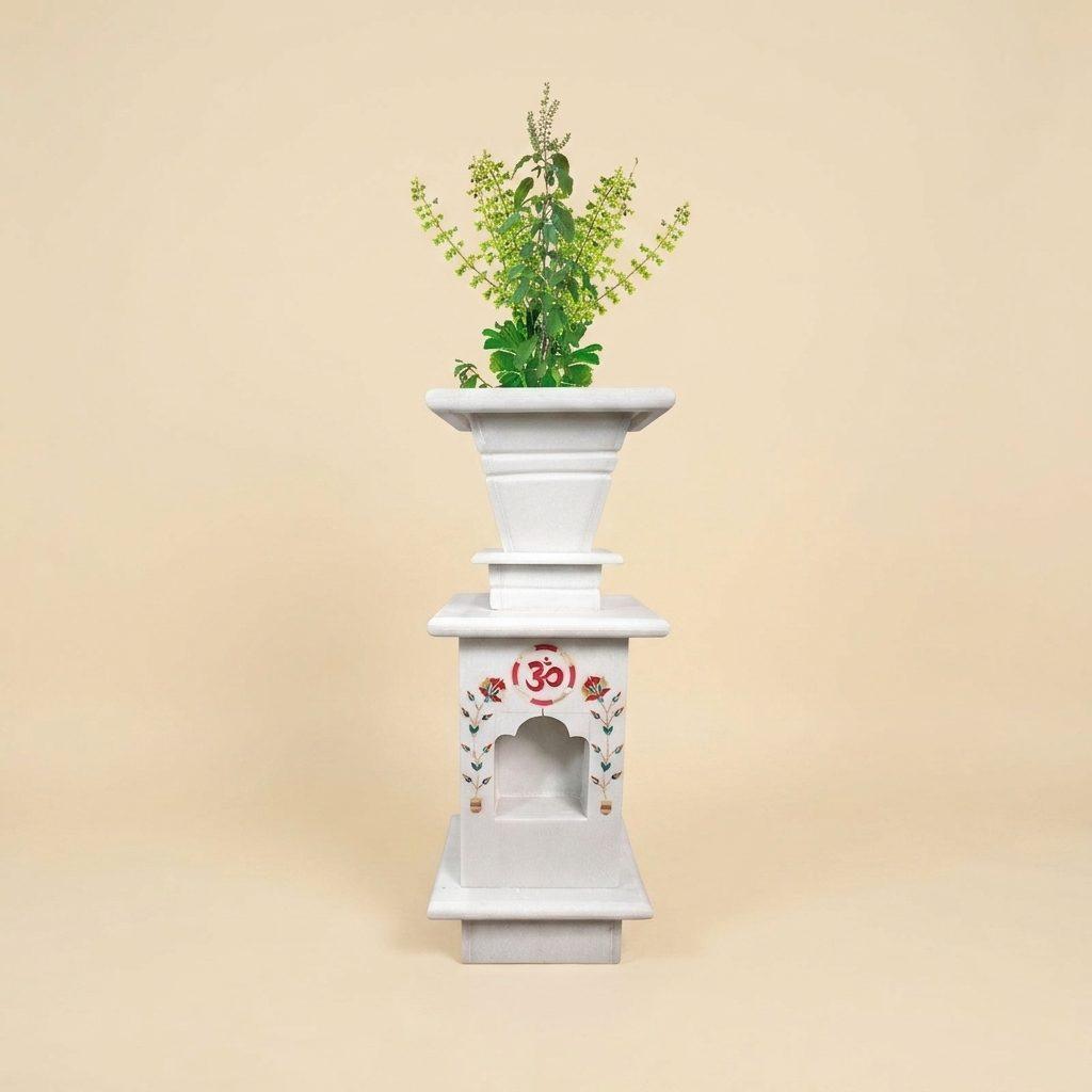 Marble Tulsi Pot, White Marble Inlay — Large