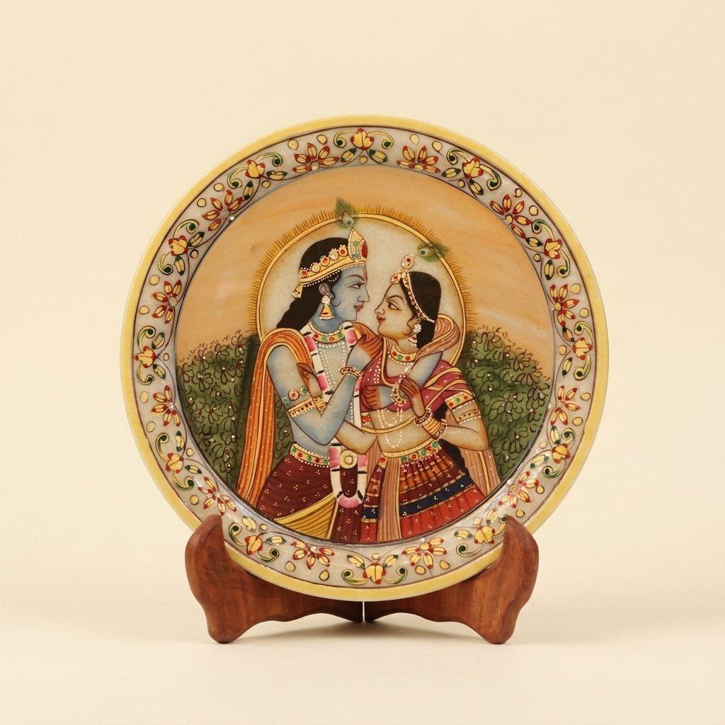 Radha Krishna marble murti, gold-leaf finish