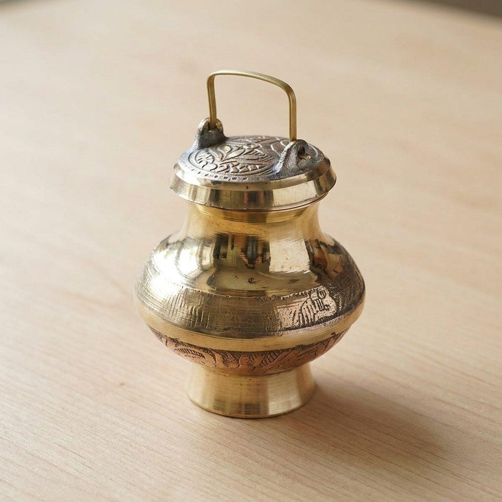 Engraved Brass Lidded Kalash With Handle