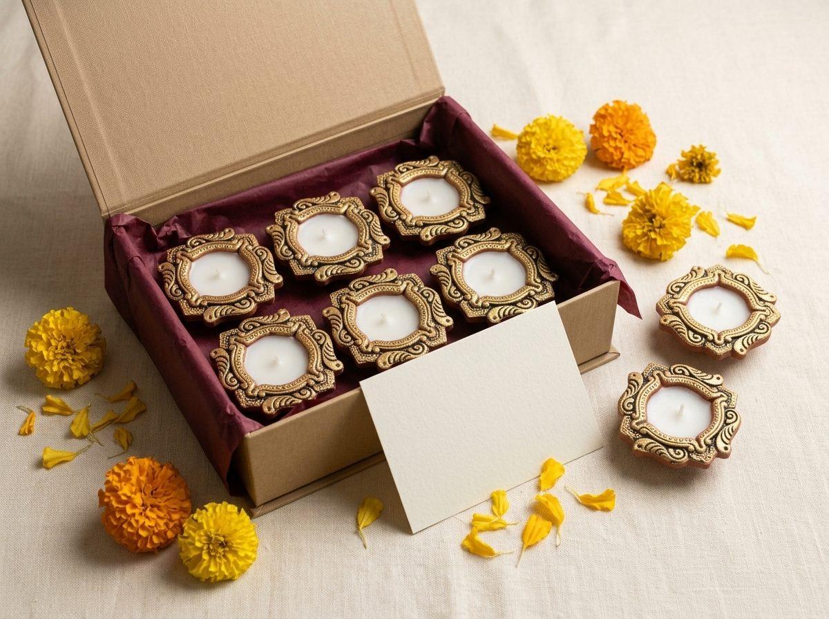 Gift box of gold-embossed hand-painted wax diyas
