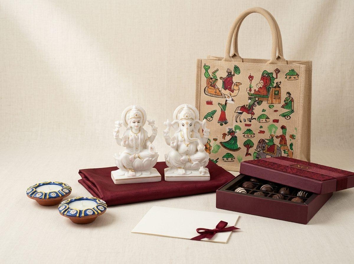 Marble Lakshmi-Ganesha pair on silk with a premium gift box