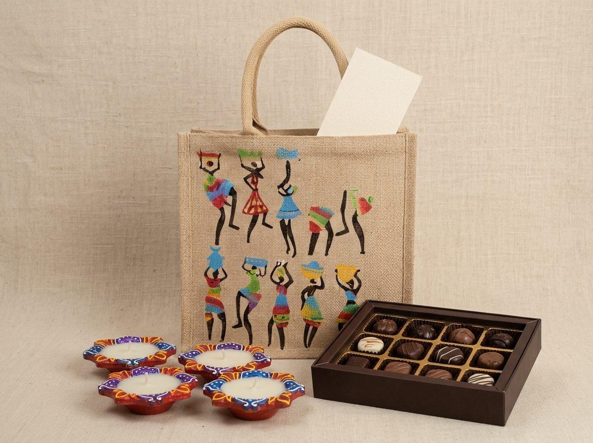 Branded jute gift bag with hand-painted clay diyas and an assorted chocolate box