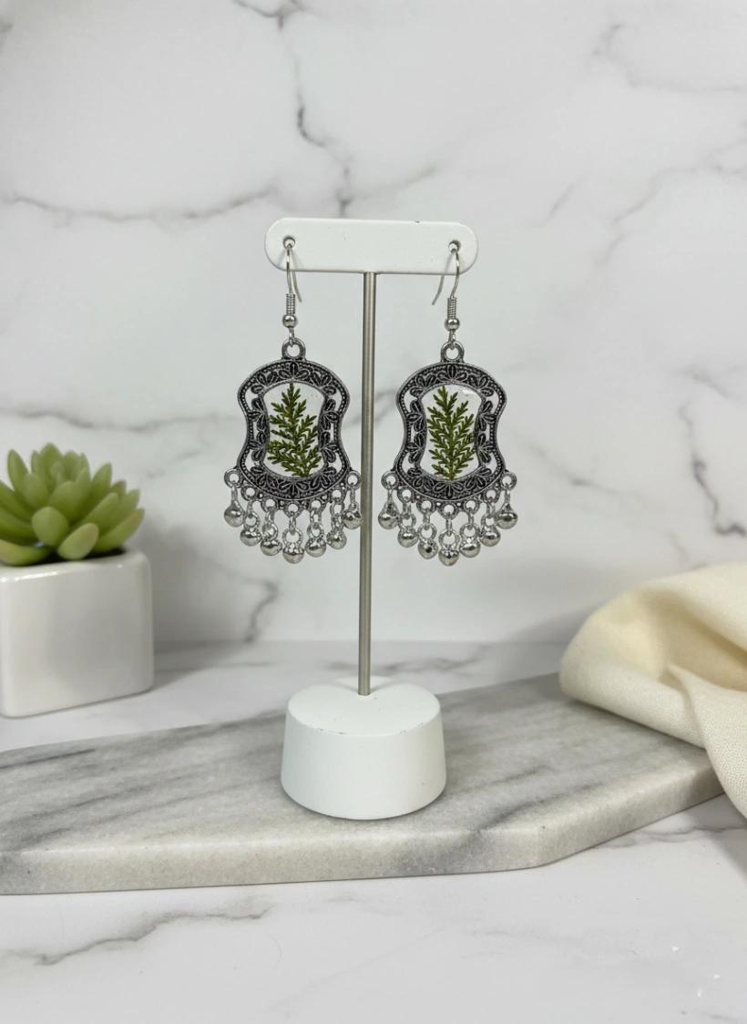 Oxidized Silver Fern Leaf Resin Earrings