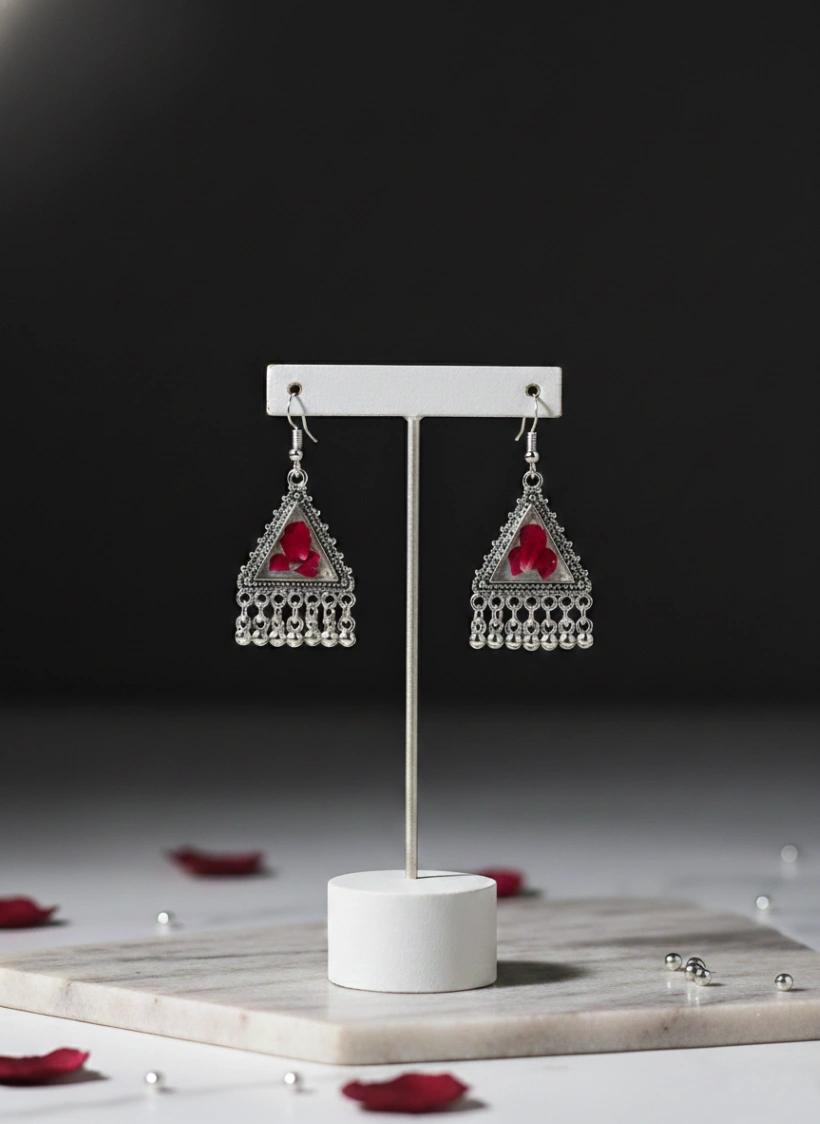 Real Red Rose Petal Oxidized Triangle Earrings