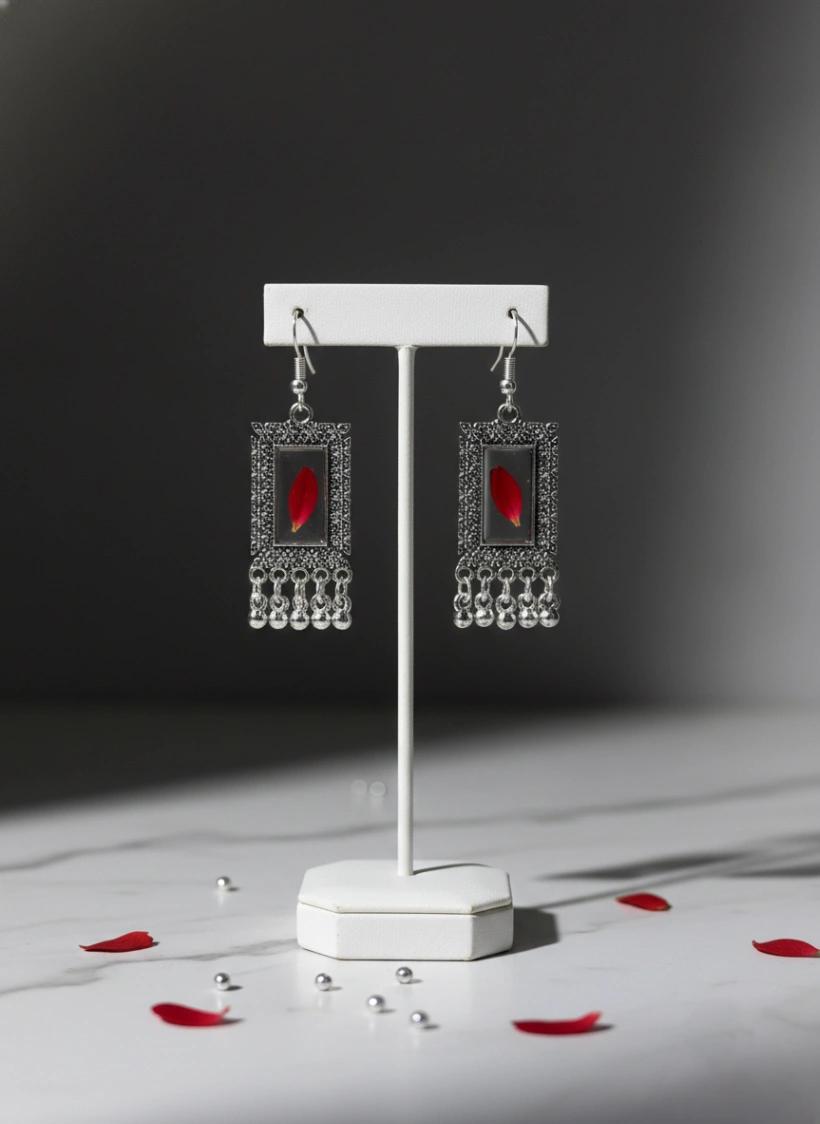 Real Red Rose Rectangular Earrings