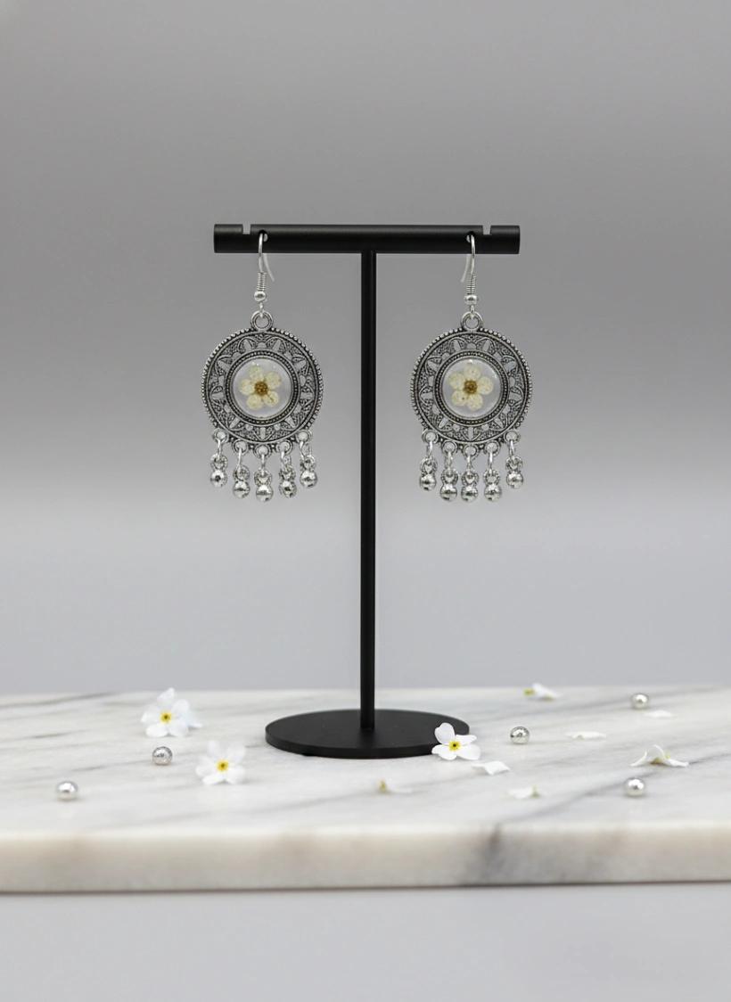 Real White Blossom Mandala Earrings