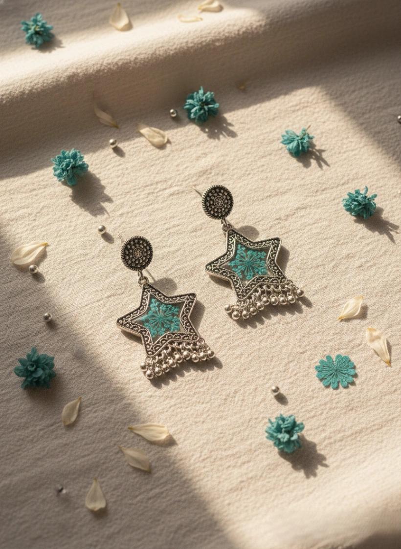 Teal Wildflower Star Oxidized Earrings